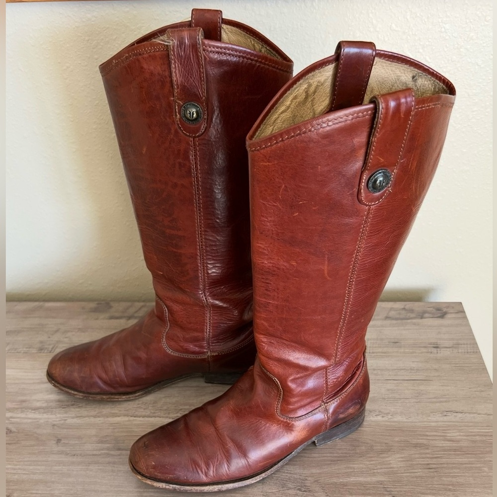 Frye Melissa Button Riding Boots Women’s 8.5 B Cognac Brown Distressed Tall